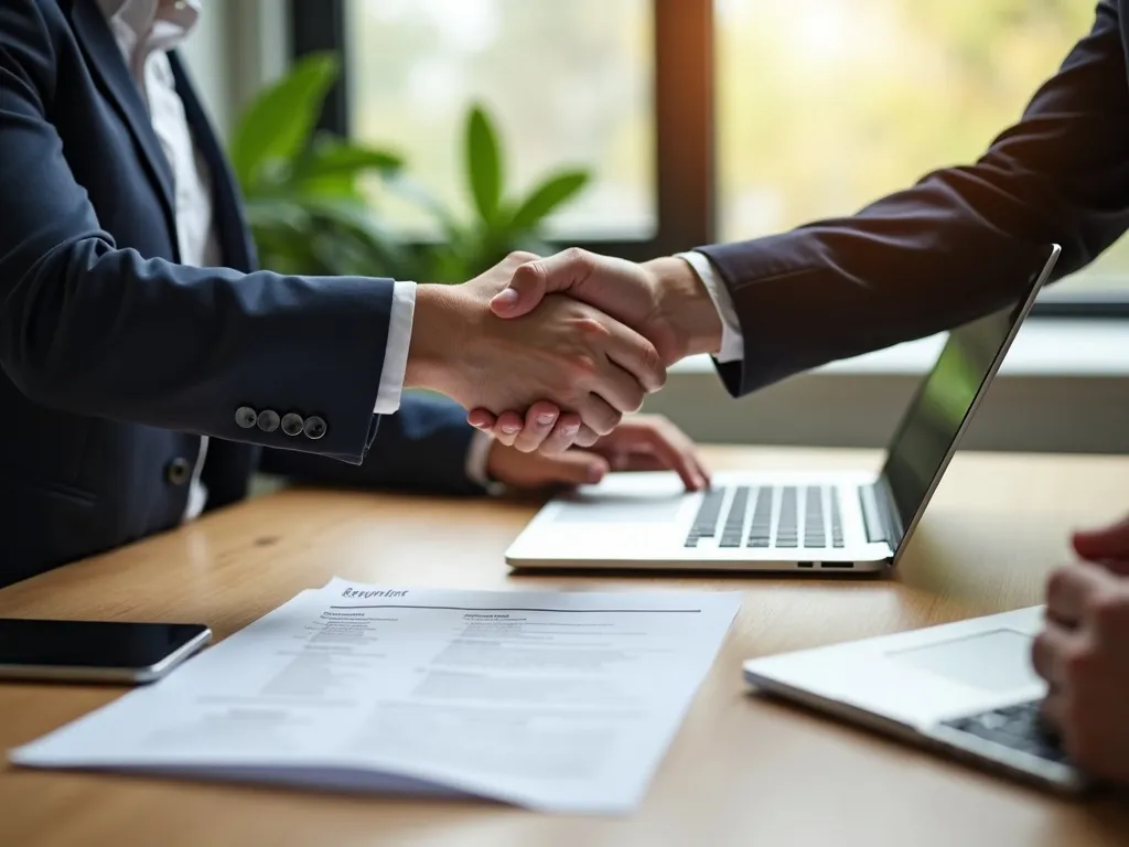 Shaking hands over a desk after a great interview